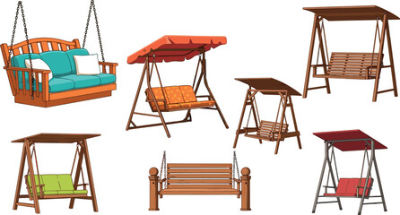 Garden swing vector set featuring wooden outdoor bench swings with canopy and cushions isolated on light background for furniture design © MdAbdul