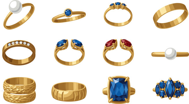 Gold ring vector set featuring gemstone diamond and wedding bands in various styles isolated on light background for jewelry design