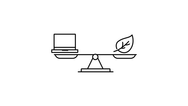 Work-Life Balance and Green Technology Concept Vector Icon Illustration. Minimalist black line scale balancing a laptop and a leaf on white background. Features editable stroke for customization.
