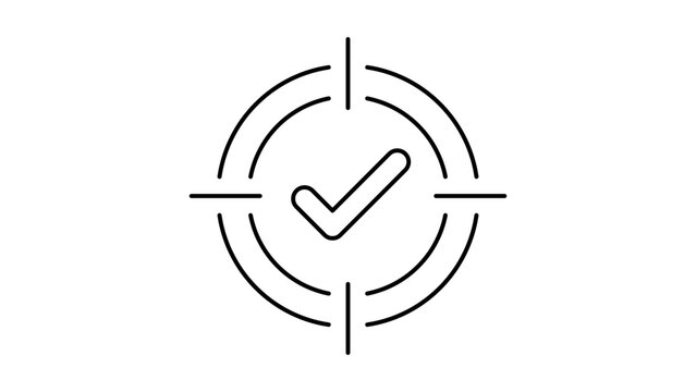 Success Target Icon with Checkmark: Minimalist Black Line Vector Illustration with Editable Stroke, Adjustable Line Weight, Goal Achievement Symbol, Accuracy and Precision Graphic for Business.
