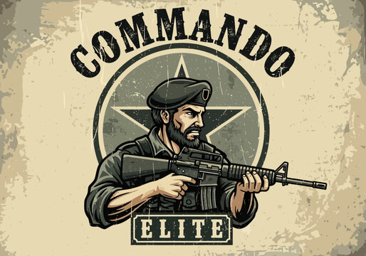 Retro-inspired military emblem featuring a determined soldier in a beret with a rifle, perfect for elite forces designs