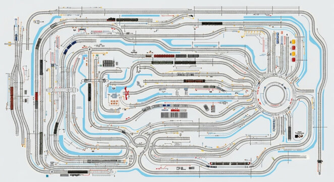 Detailed Model Train Layout with Many Tracks and Switches.