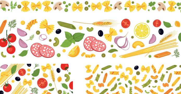 Italian food pattern with pasta vegetables herbs and ingredients seamless background for cooking cuisine design illustration set