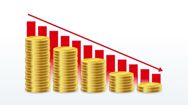 Financial decline concept with stacked gold coins, falling bar chart and downward arrow. Illustrating business loss, recession, decreasing profits, investment risk, budget cuts and economic downturn