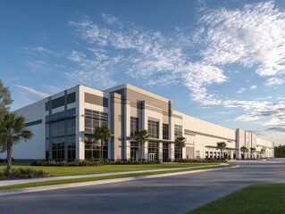 Obraz premium Modern industrial warehouse building with glass facade under blue sky and clouds
