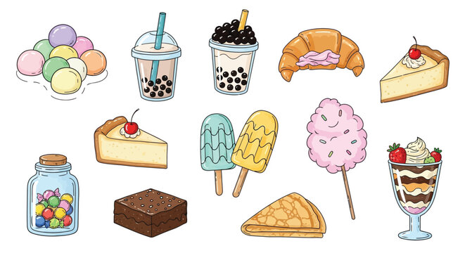 A vibrant collection of sweet treats and desserts, including mochi, bubble tea, croissants, cheesecake, ice cream, cotton candy, brownies, and parfaits, presented in a playful, illustrative style.