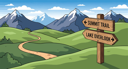 A cartoon landscape with a signpost © Risqi
