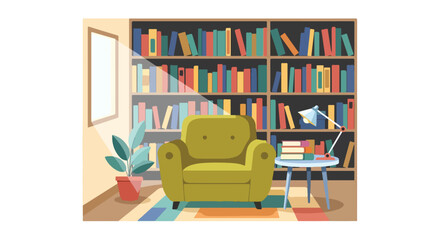 A cozy reading nook with a yellow armchair and bookshelves © Yadaza
