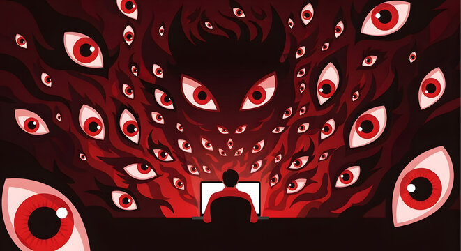 Abstract Fear Concept with Watching Eyes Digital Anxiety