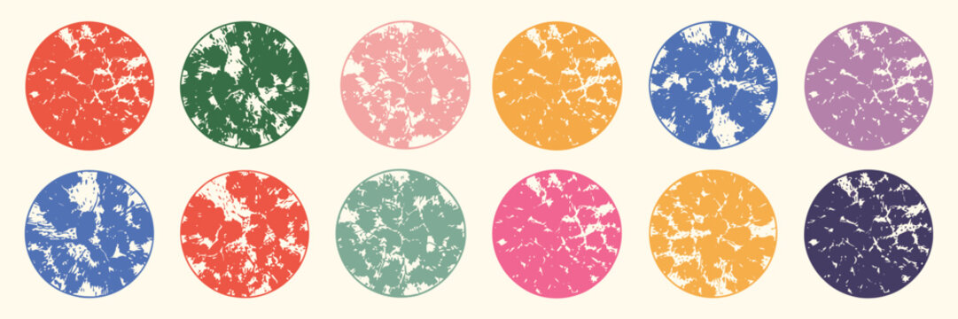 Grunge Linocut Circle Collection, Aged Distressed Hand Printed Round Shapes with Rough Scuffed Textures, Retro Label Stamp Badges and Text Box Template Elements Vector
