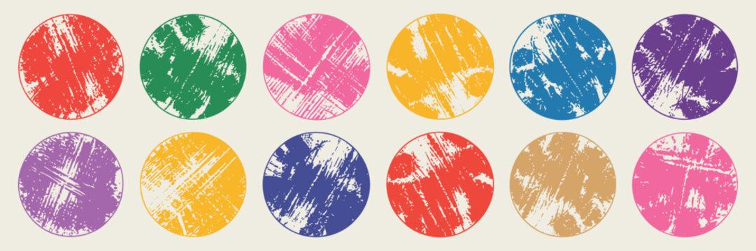 Grungy Distressed Circle Shapes Collection, Aged Retro Hand Printed Linocut Round Textures, Rough Worn Scuffed Backgrounds, Vintage Label Stamp Badge Text Box Templates Vector