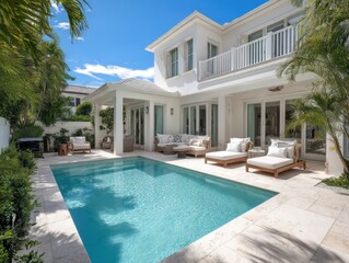 Fototapeta premium Luxury modern white villa with swimming pool and outdoor lounge in tropical setting