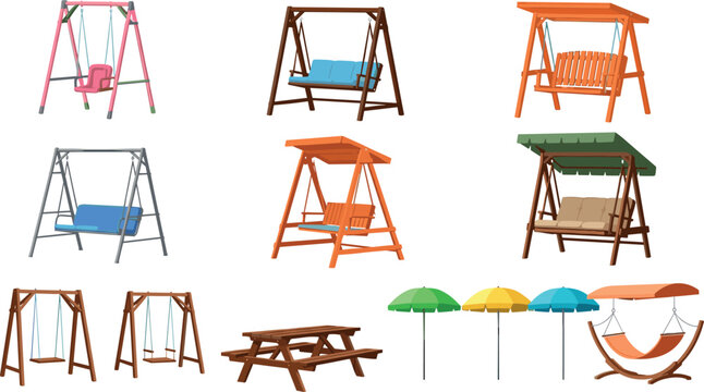Outdoor swing set vector collection featuring garden furniture playground swings and picnic table isolated on light background for leisure design