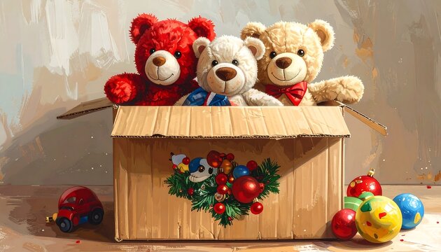 A festive wooden crate with three teddy bears and Christmas ornaments