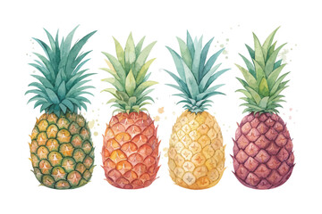 Fototapeta premium set of Watercolor Pineapple Fruit Icon, Tropical Summer Clipart, vector illustration Isolated on White background