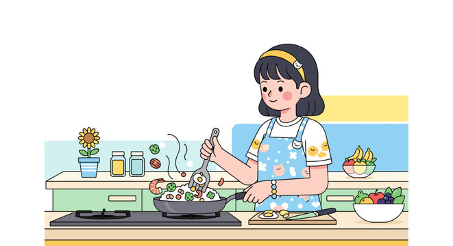 cute girl cooking vegetables in kitchen at home