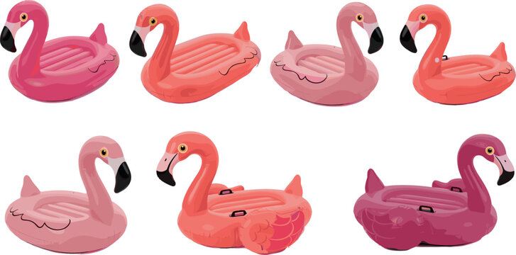Realistic flamingo pool float set with inflatable swim rings in pink shades for summer beach vacation illustration collection