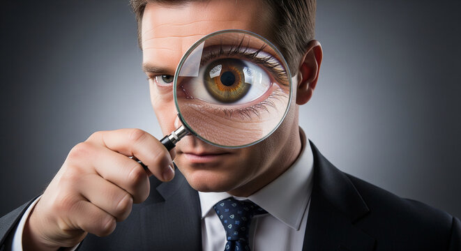 Businessman carefully searching with a magnifying glass perfect for conceptualizing focused business strategy and detailed professional investigation