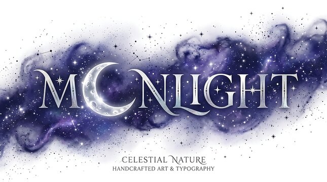 Stylized 'MOONLIGHT' typography with a crescent moon, set against a cosmic nebula background with stars, showcasing celestial nature and handcrafted art.