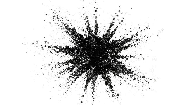 Explosion of black liquid on white background with scattered particles, dark ink burst creating abstract star shape, dynamic fluid motion, chaotic yet artistic illustration of splash.
