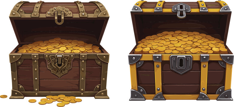 Treasure Chest Set Filled with Gold Coins and Wooden Pirate Boxes for Adventure, Fantasy Loot, Game Assets, and Riches Illustration Design