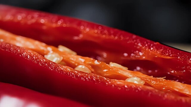 Closeup macro shot of a vibrant red chili pepper sliced open revealing its seeds and spicy interior.
