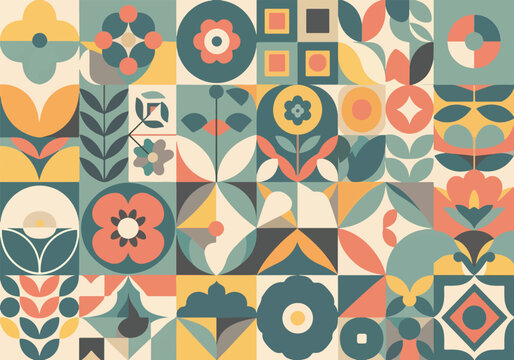 A colorful abstract composition with floral patterns