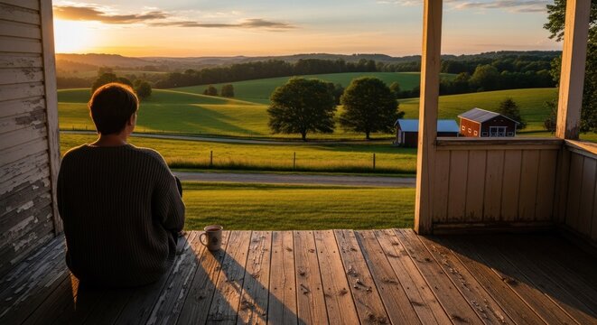 A person sitting on a wooden porch, looking out at a scenic landscape with rolling hills and a small house in the distance, under a clear sky with a few clouds.