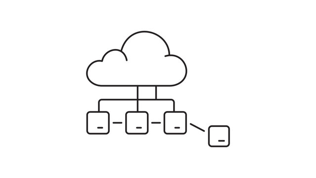 Edge Computing and Cloud Network Infrastructure Minimalist Black Line Vector Icon on White Background, Featuring Connected Server Nodes and Cloud Storage with Editable Stroke for Customization.