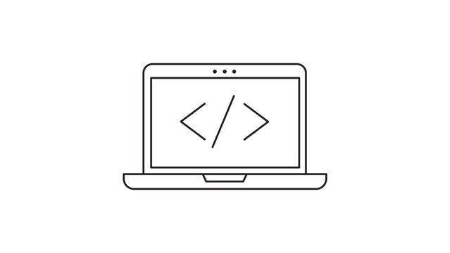 Minimalist Laptop with Coding Symbol Vector Icon Illustration for Software Development and Programming, Featuring Editable Stroke and Clean Line Art on White Background for Web Design Projects.