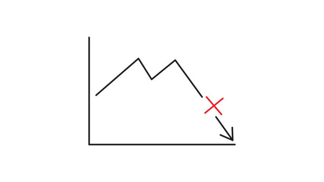 Minimalist Black Line Vector Icon Illustration of a Declining Graph with a Red Error Cross on White Background, Representing Failure, Loss, or Negative Trend with Editable Stroke and Scalable Design.