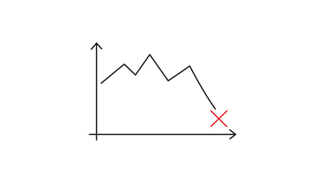 Minimalist Business Failure and Error Rate Vector Icon Illustration with a Downward Trending Line Graph and Red X Mark, Featuring Editable Stroke for Customizable Line Weight and Design.