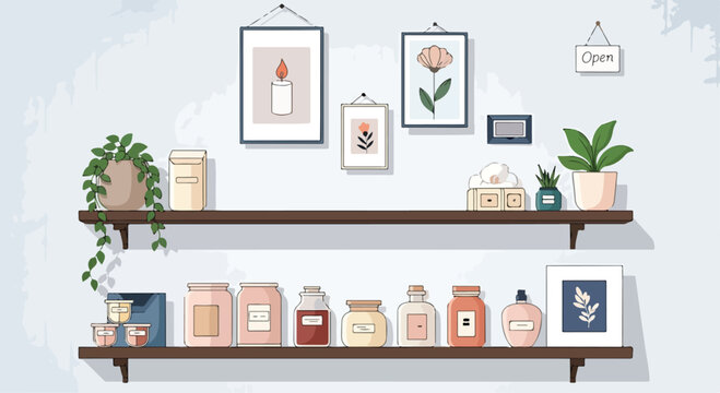 A cozy room with two shelves holding plants, pictures and containers