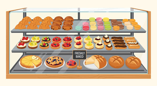 Colorful display of assorted pastries and breads in a bakery case