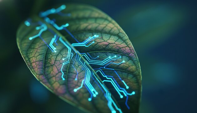 Glowing Blue Circuit on Green Leaf with Purple Veins Isolated on Dark Background