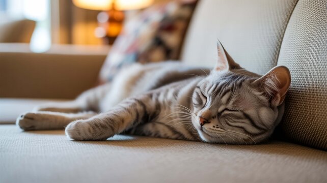 A peaceful tabby cat naps comfortably on a soft, upholstered sofa in a cozy living room setting