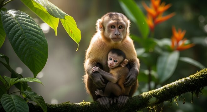 A mother capuchin monkey cradling her infant in a lush tropical rainforest canopy