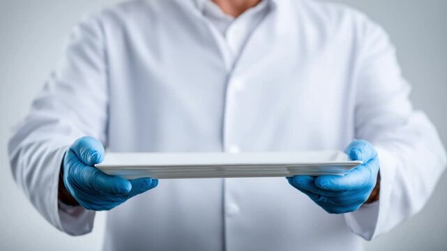 Serving Presentation: A laboratory scientist, clad in a crisp white lab coat and blue gloves, holds a pristine white plate, ready for presenting sample.