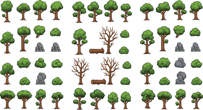 Cartoon forest asset pack with trees bushes rocks logs and dead trees for game design nature environment vector set