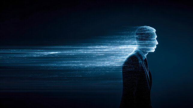 Digital Silhouette: A captivating digital representation of a person, blending the realms of technology and humanity, with a stream of light and data streaming behind them.