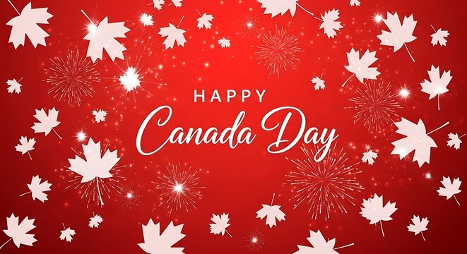 Happy canada day celebration with fireworks and maple leaves on red background
