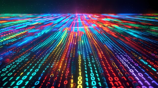 Abstract High-Speed Data Stream with Colorful Binary Light Trails and Digital Motion Effect in Black Background