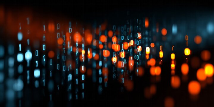 Digital code streams of blue and orange binary numbers flow abstractly.