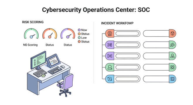 Cybersecurity operations center infographic risk scoring and incident workflow