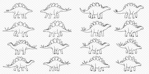 Set of hand-drawn Stegosaurus dinosaurs in various poses, perfect for children's books and educational materials. © Akun