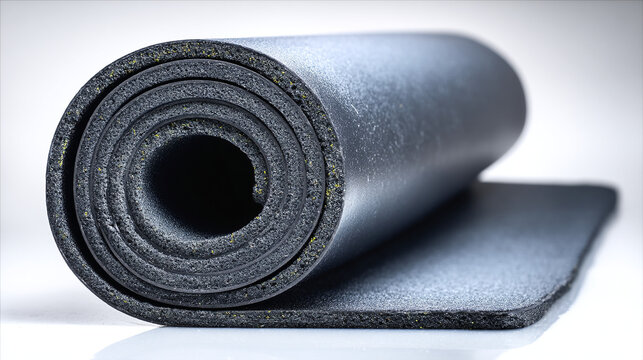 Rolled up black non-slip yoga mat on white background with home gym, physical therapy