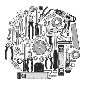 Hand tools and hardware collection arranged in circular shape