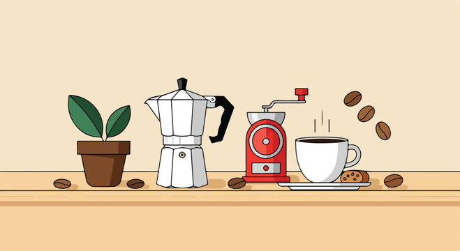 A still life of coffee-making equipment and a plant