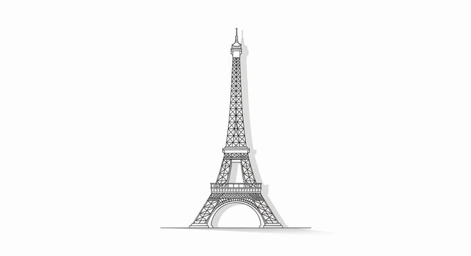 Elegantly rendered line drawing of the iconic Eiffel Tower in Paris, showcasing intricate lattice ironwork and a delicate shadow, presented in a minimalist monochrome artistic style against 