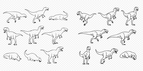 Set of various dinosaur line art illustrations showing different poses and actions. © Akun